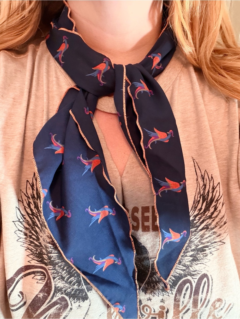 Vintage Navy Scarf with Coral and Blue Bird Motif